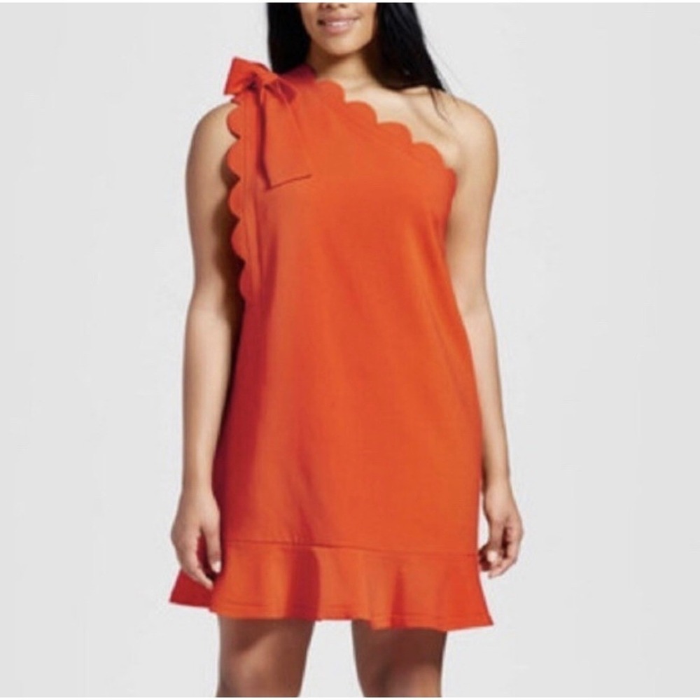 Victoria Beckham Orange One‎ Shoulder Ruffle Hem Shift Dress  Cocktail Mini XL